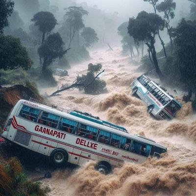 නායයාමකින් බස් දෙකක් ගඟකට පෙරලී 60ක් අතුරුදහන්